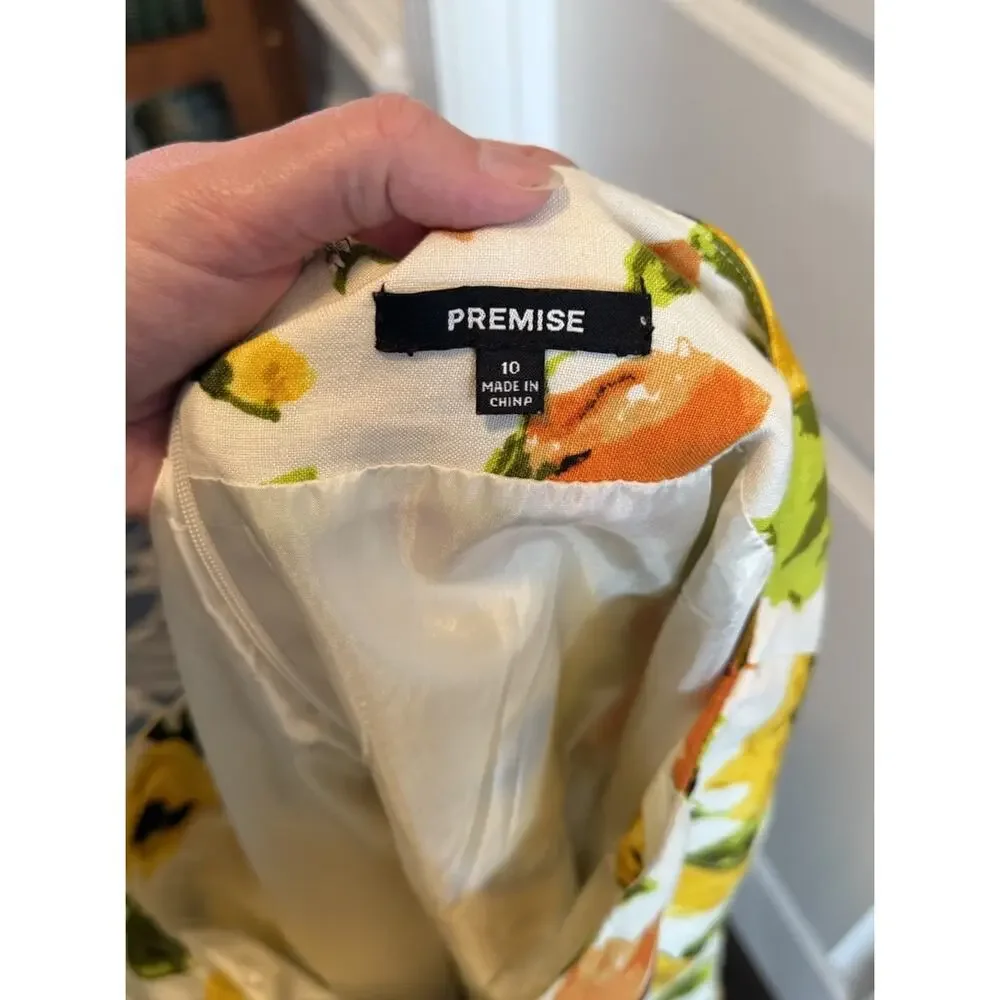 Premise Linen Floral A Line Skirt Yellow Orange Size 10